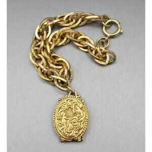 VTG Victorian Revival Sachet Locket Bracelet 7.25" Gold Plated Etched Oval Chain